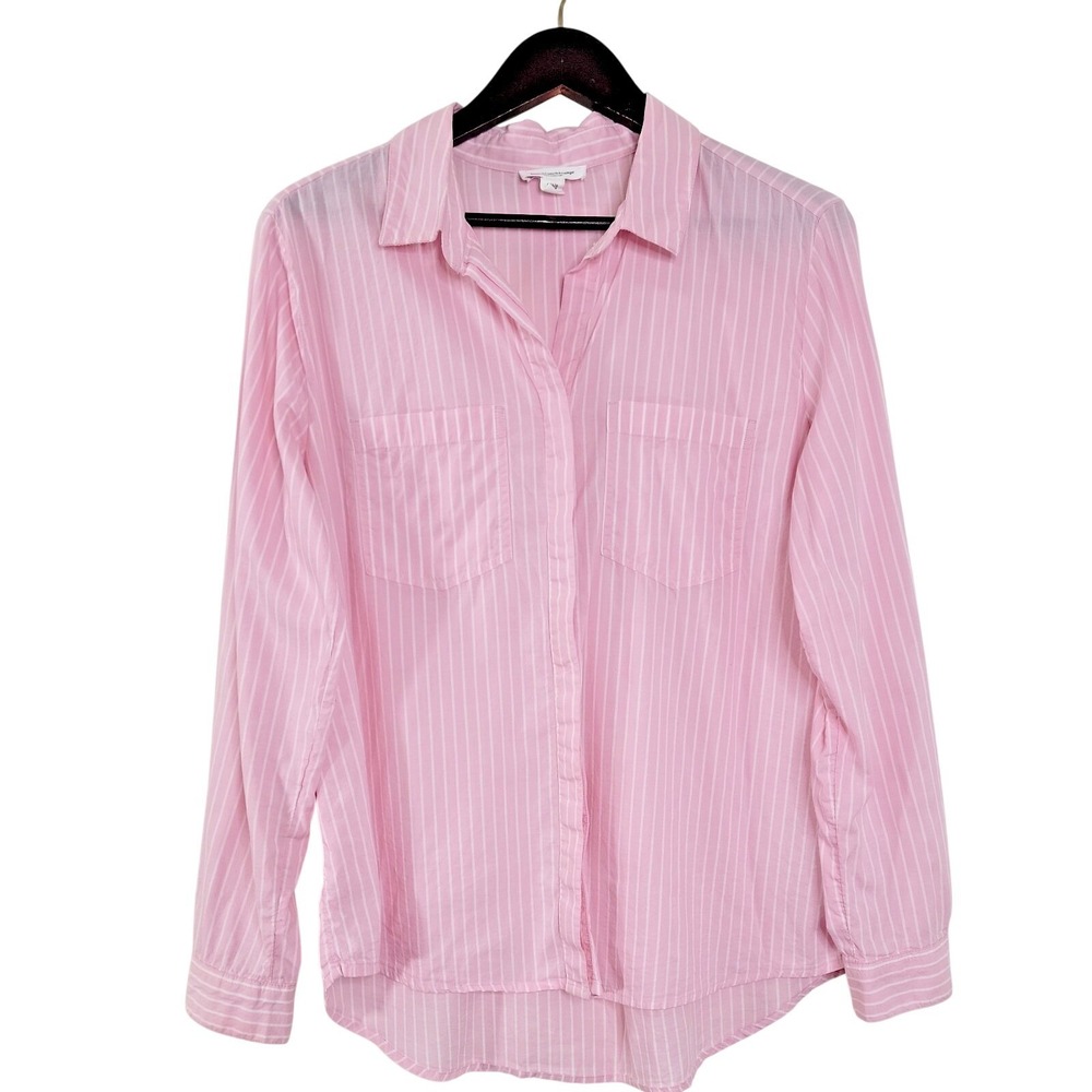 Beach Lunch Lounge Womens Large Pink White Striped Button Down Shirt Blouse